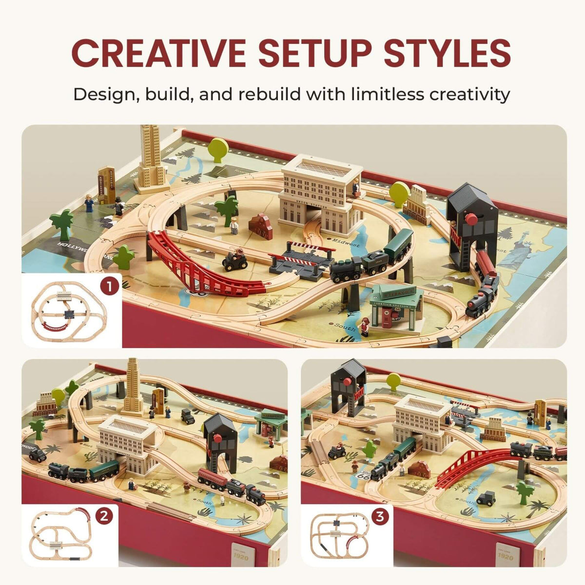 Wooden train set with tracks and buildings on a beige background, featuring text about creative setup styles.