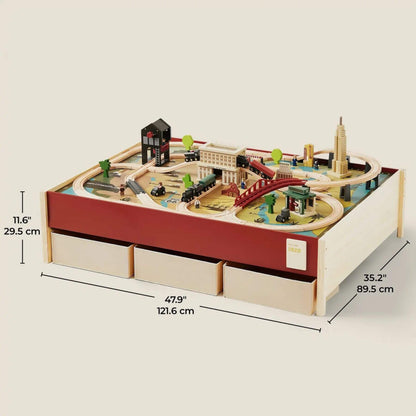 Tiny Land® 1920 Railway Adventure Train Table, including measurements on a beige background.