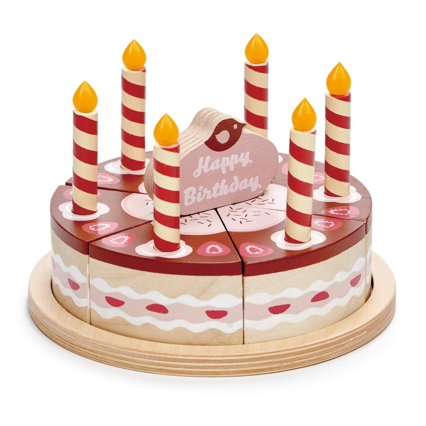 Wooden birthday cake toy with candles and a 'Happy Birthday' card on a white background