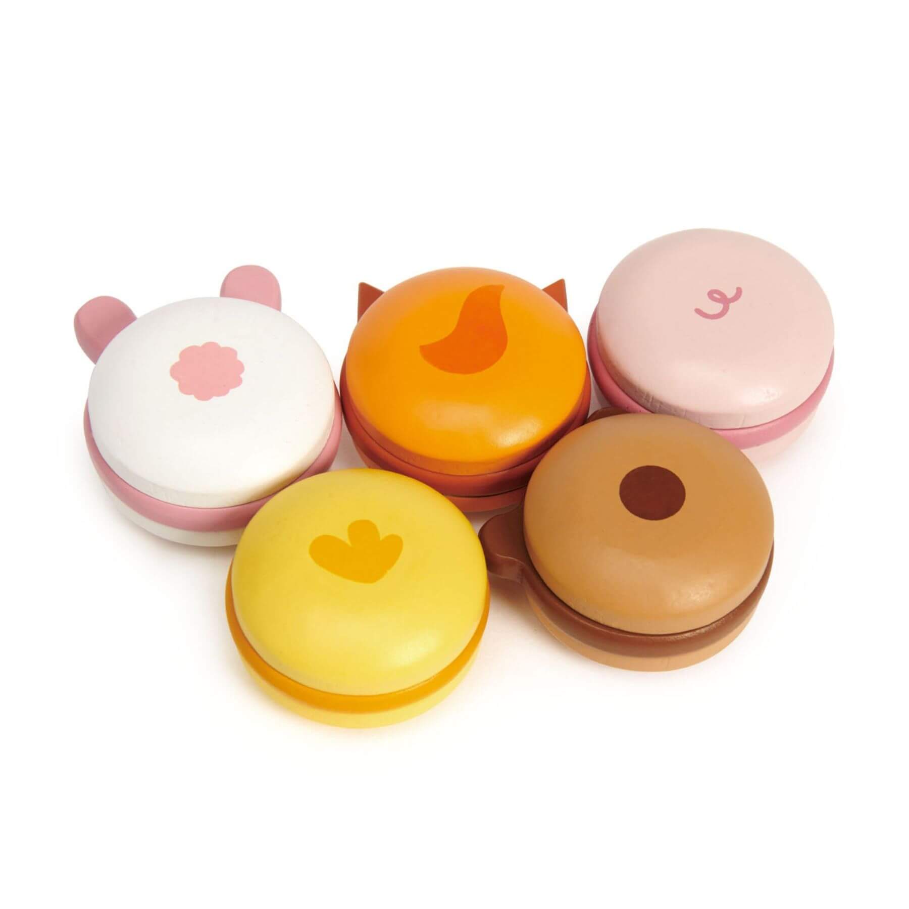 Five colorful animal-shaped cookie toys on a white background