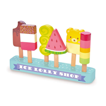 Toy ice lolly shop with colorful ice lollies on a white background