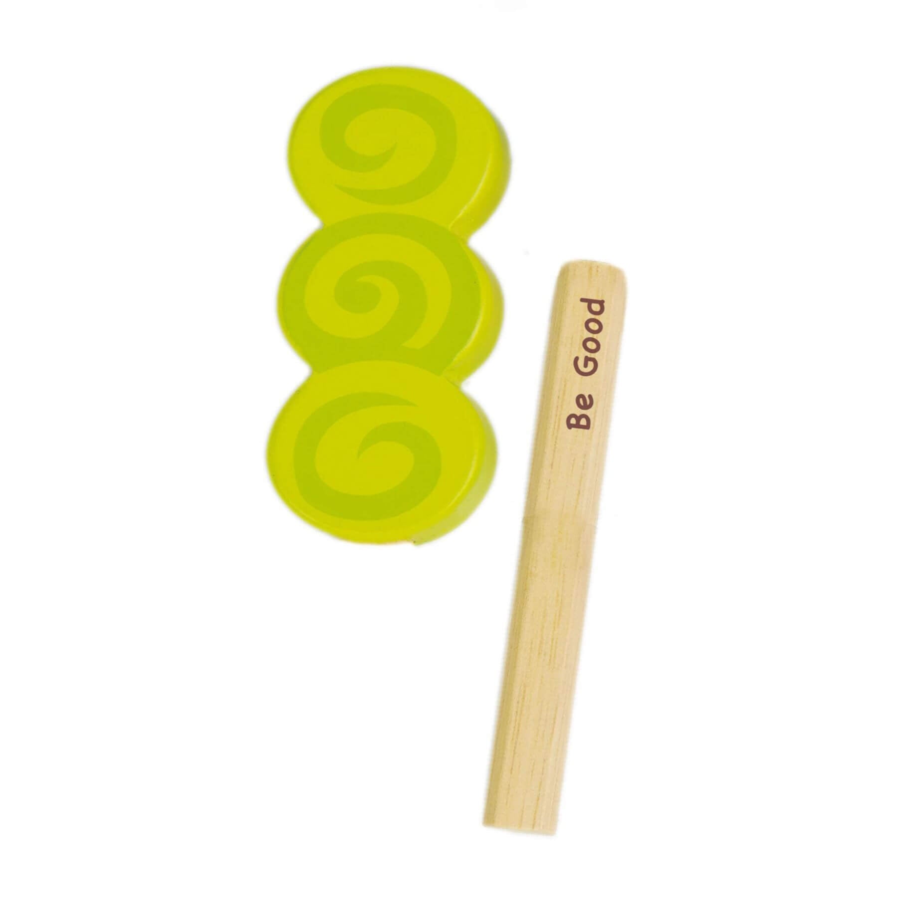 Three yellow silicone lids with a wooden tool labeled 'Be Good' on a white background