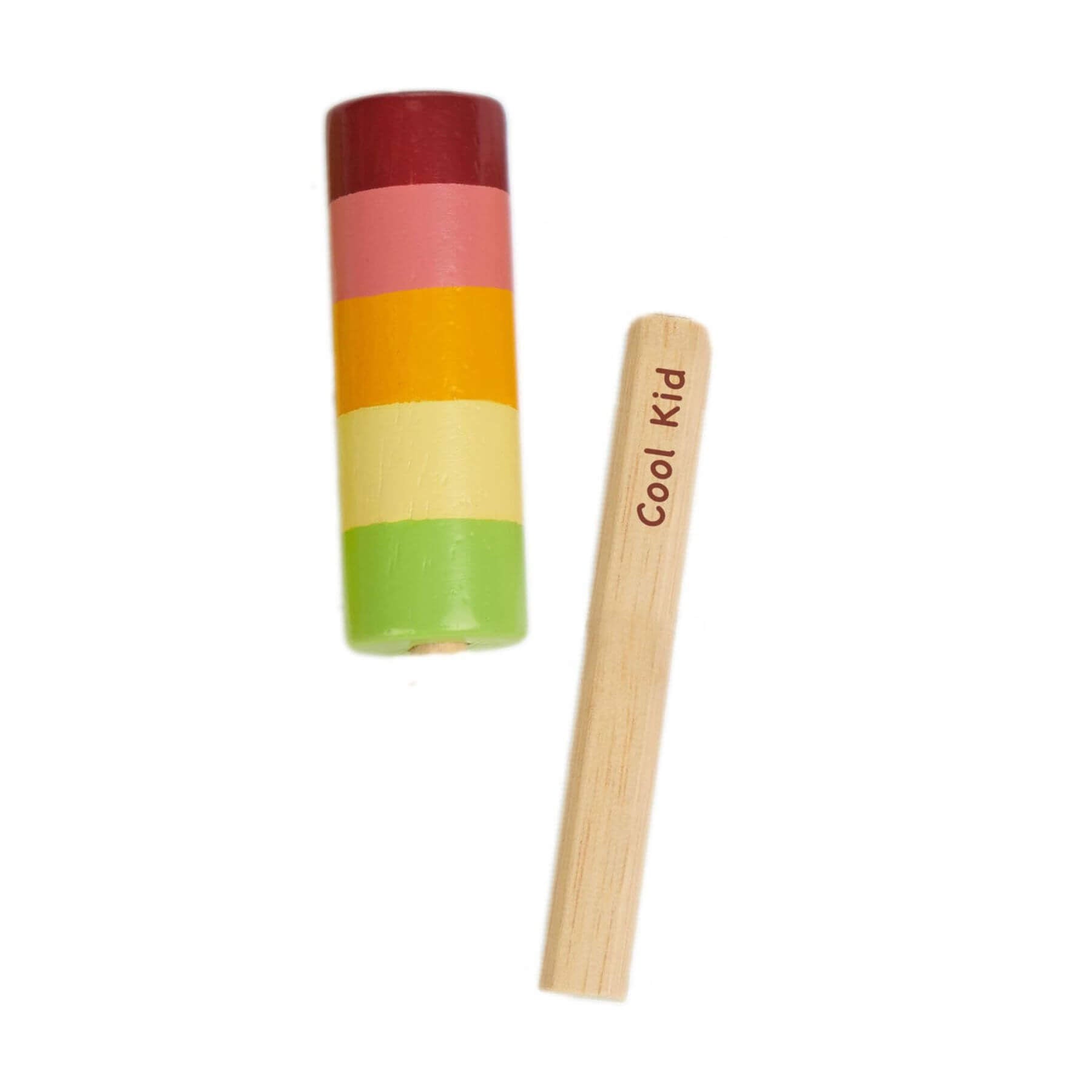 Colorful striped wooden rattle and a wooden stick with 'Cool Kid' text on a white background
