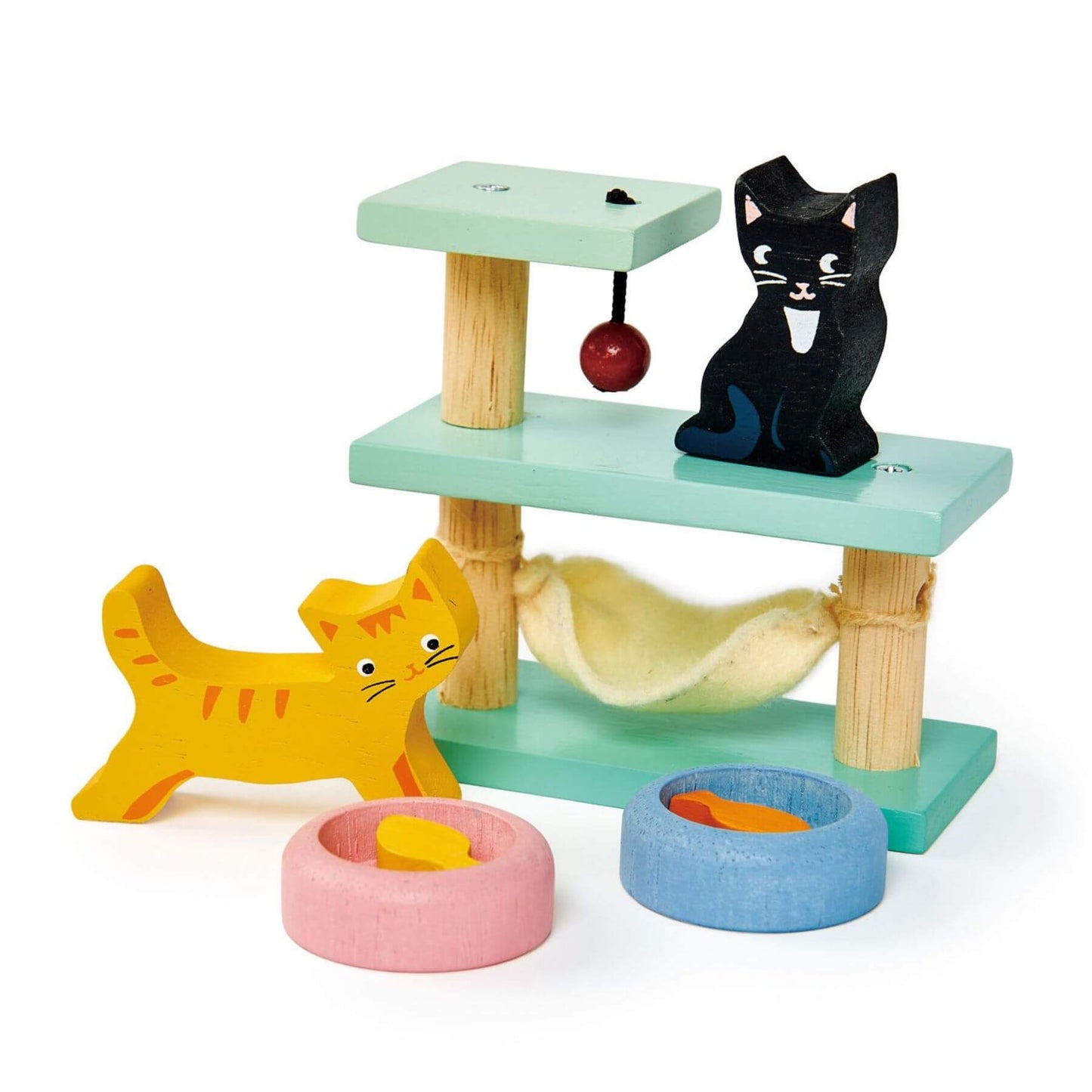 Wooden cat play set with multiple levels, toys, and a black cat figure on a white background
