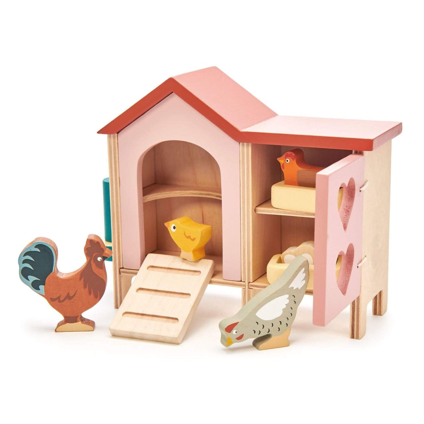 Wooden toy chicken coop with chickens on a white background