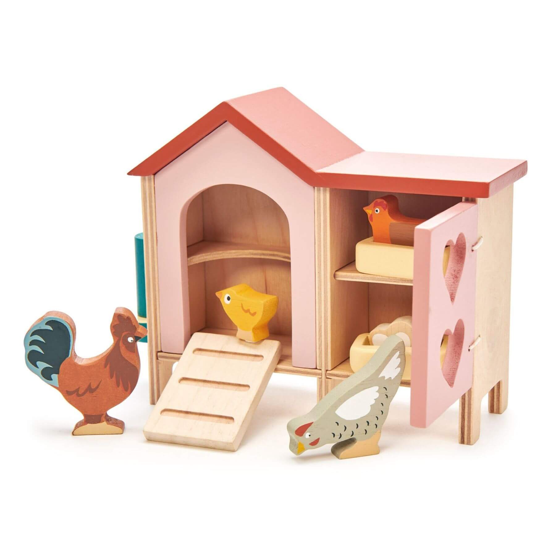 Wooden toy chicken coop with chickens on a white background