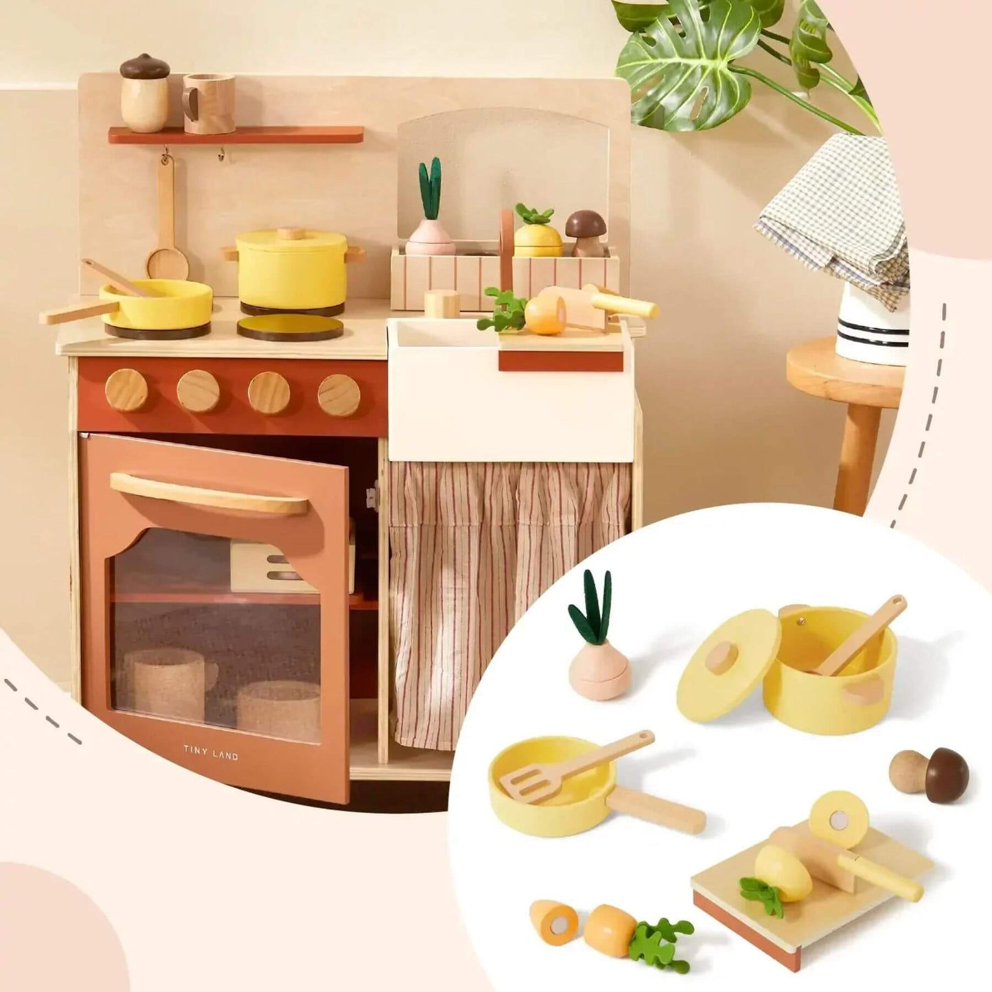 Tiny Land® Cubby Kitchenette - Natural with accessories on a neutral background