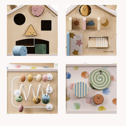 Set of wooden toys including a shape sorter, a bead maze, and various geometric blocks.