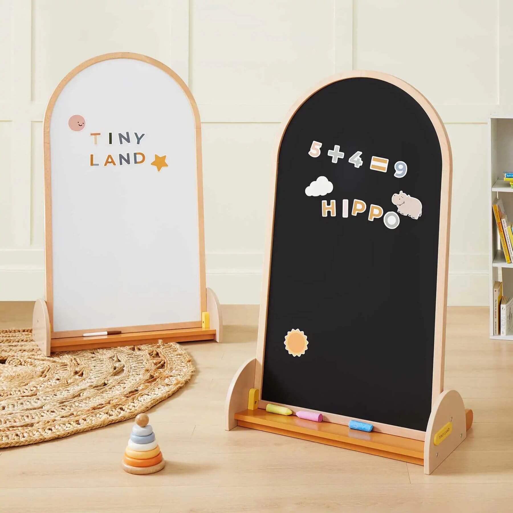 Tiny Land® Double-Sided Arched Magnet Chalkboard on a wooden floor.