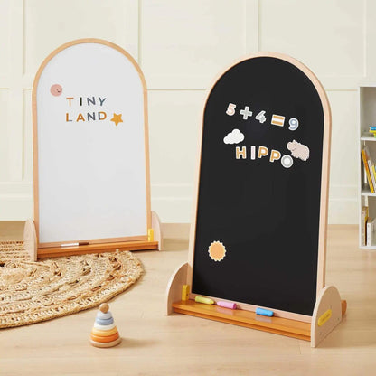 Tiny Land® Double-Sided Arched Magnet Chalkboard on a wooden floor.