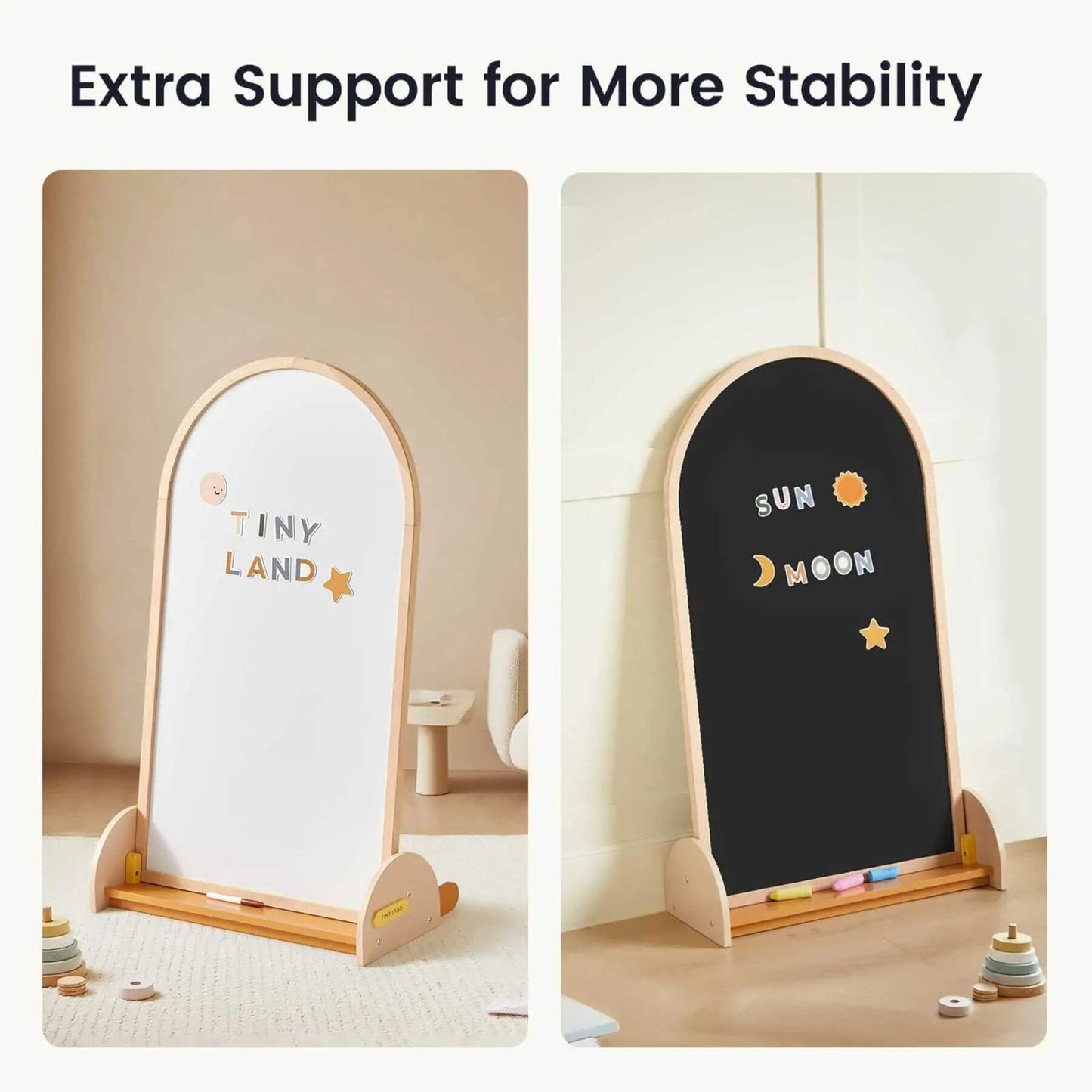 Two children's easels, one white and one black, with 'Tiny Land' and celestial designs on a neutral background.