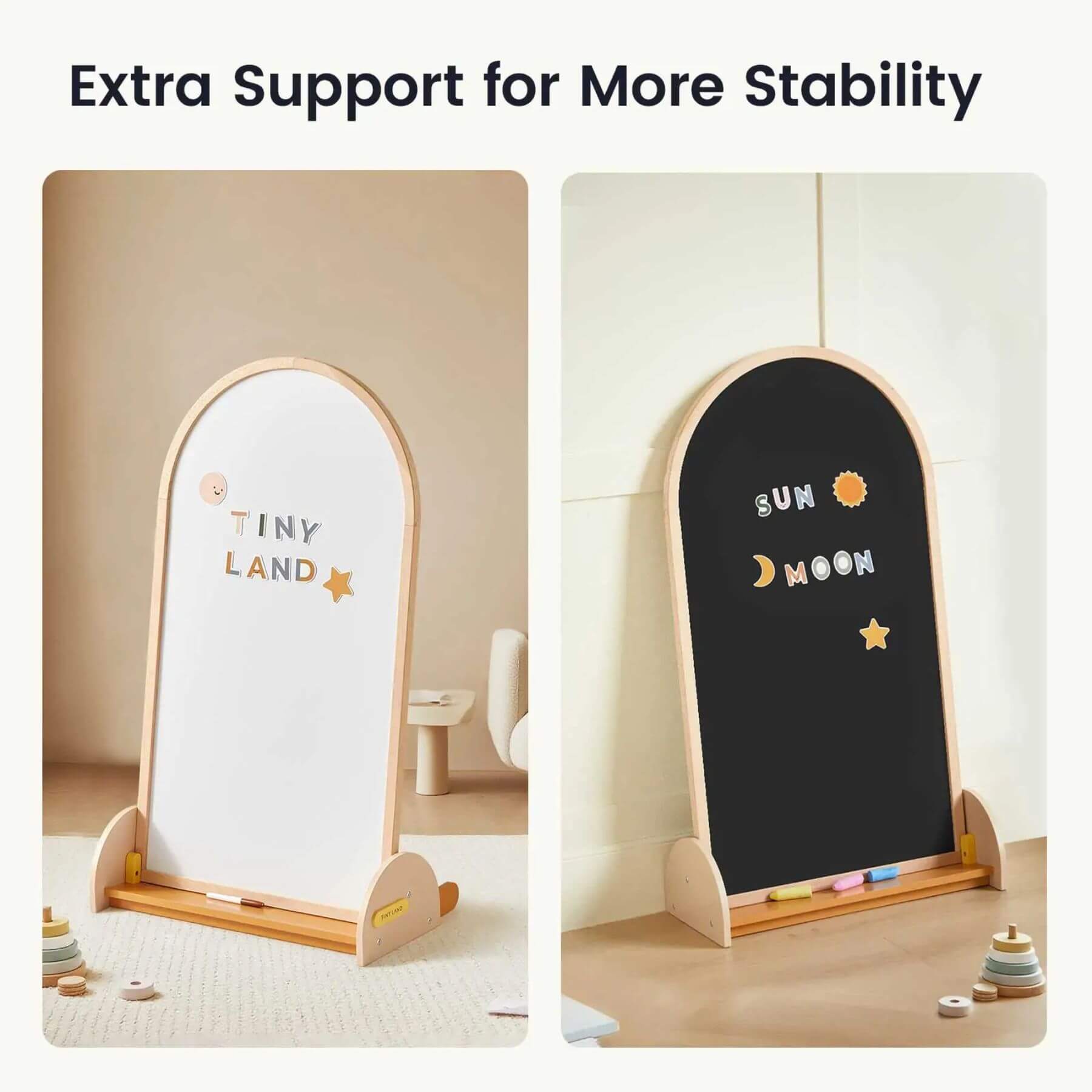 Two children's easels, one white and one black, with 'Tiny Land' and celestial designs on a neutral background.