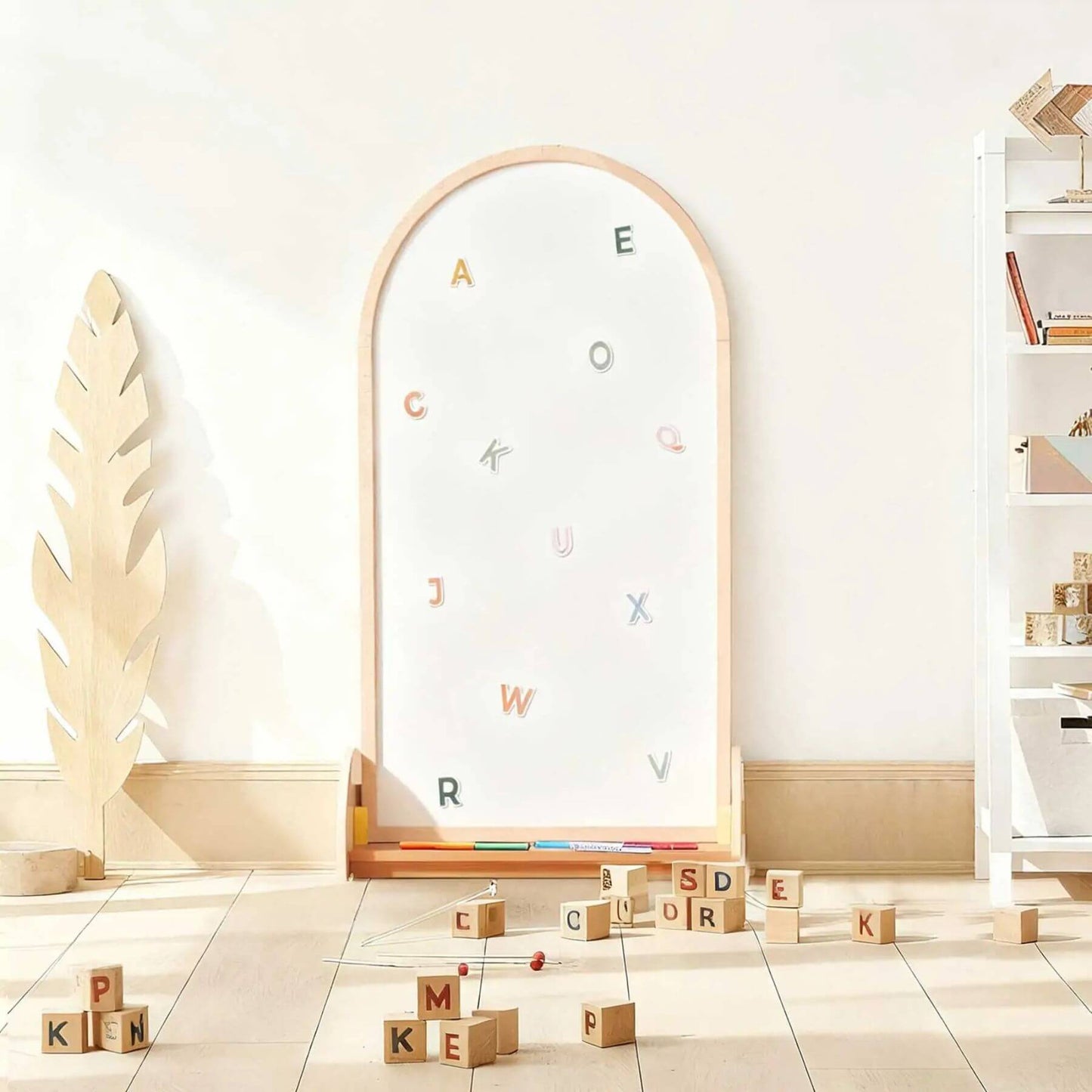 Tiny Land® Double-Sided Arched Magnet Chalkboard with letter stickers, wooden blocks, and a shelf.
