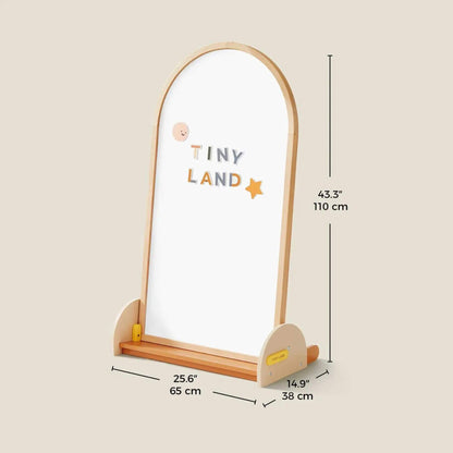 Tiny Land® Double-Sided Arched Magnet Chalkboard and measurements on a beige background