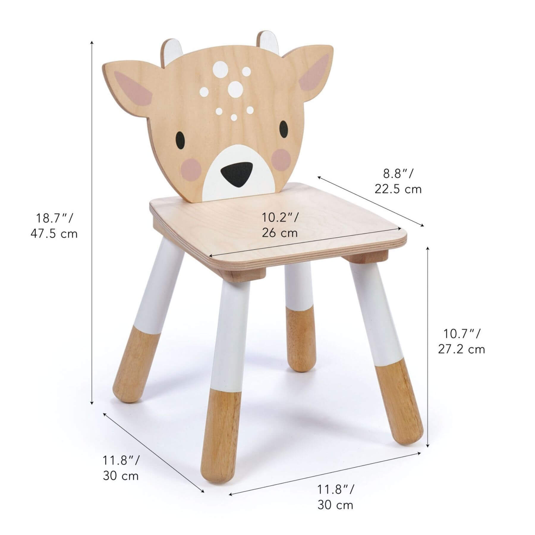 Tender Leaf Forest Deer Chair and measurements on a white background
