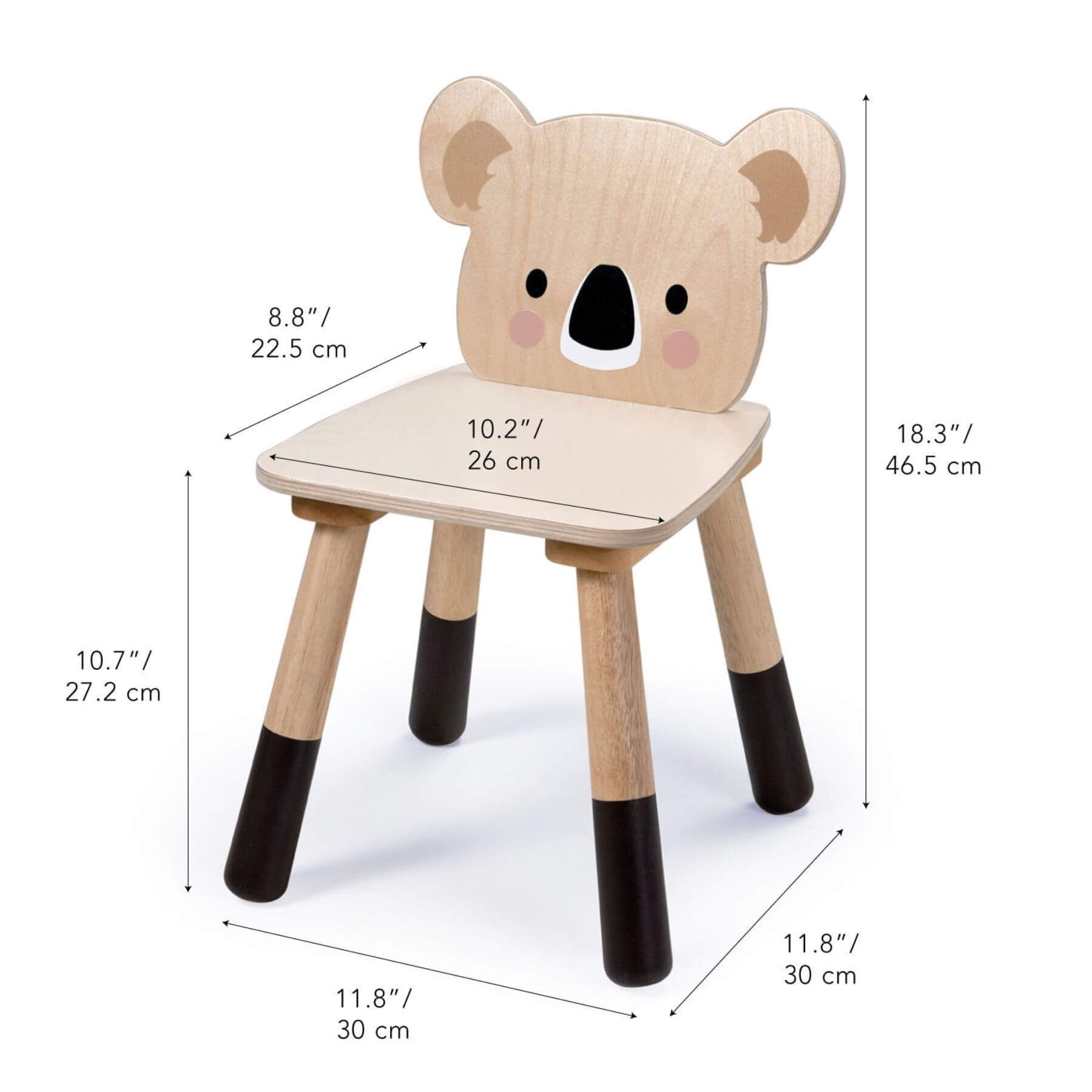 Tender Leaf Forest Koala Chair and measurements on a white background
