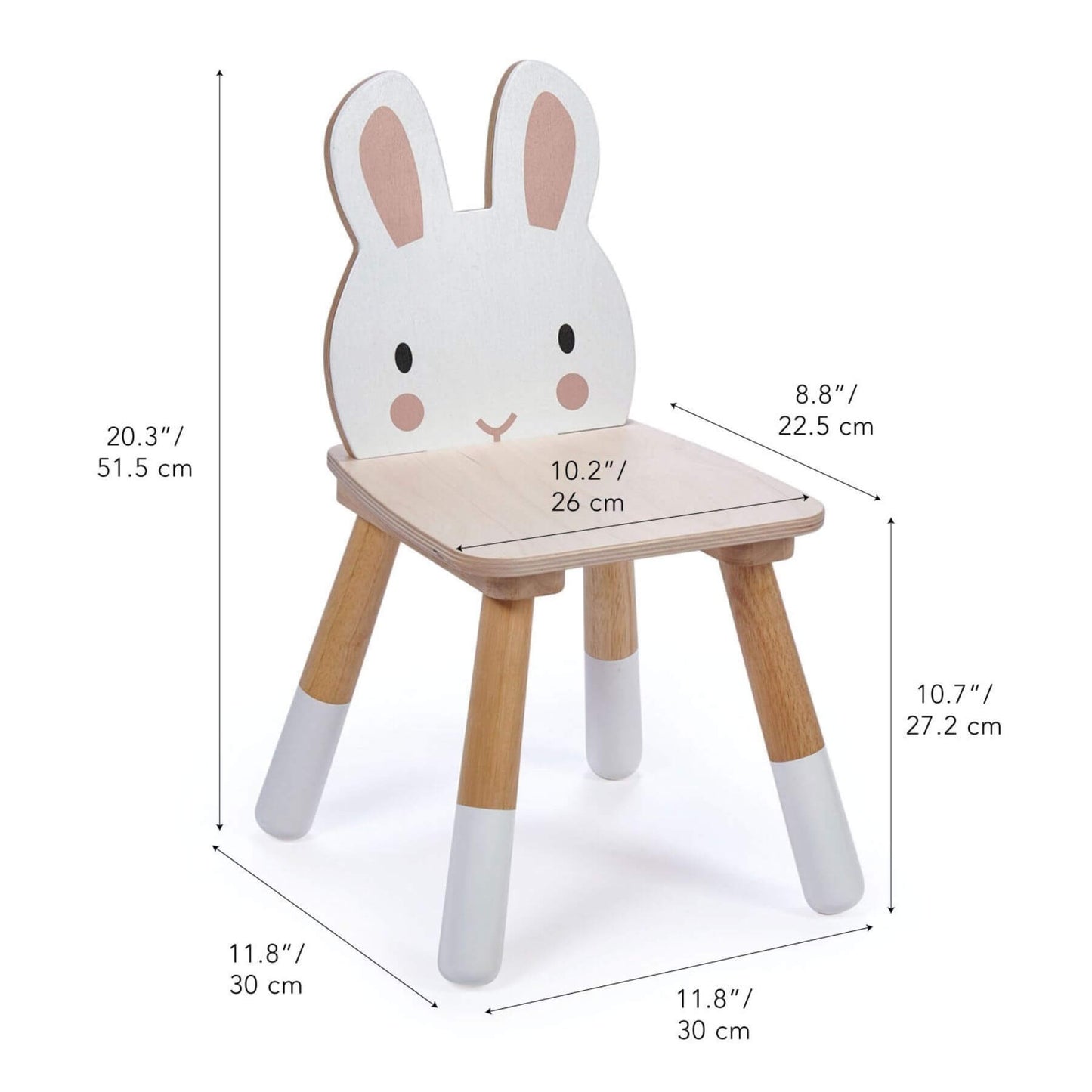 Tender Leaf Forest Rabbit Chair and dimensions on a white background