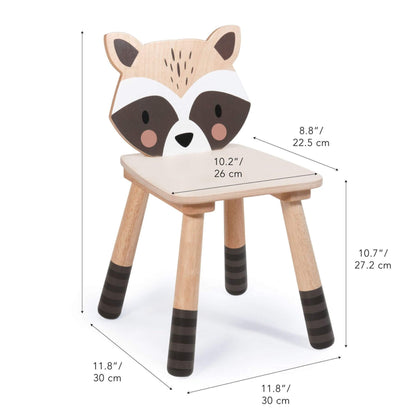 Tender Leaf Forest Raccoon Chair and measurements on a white background