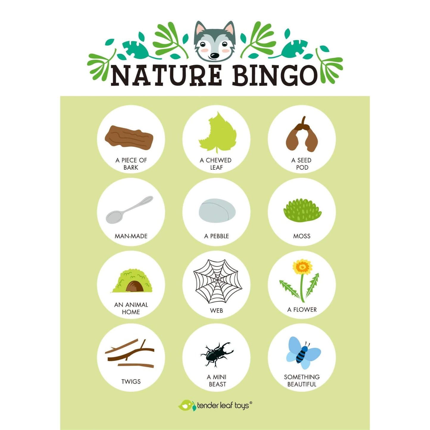 Nature Bingo game card with illustrations and text on a green background