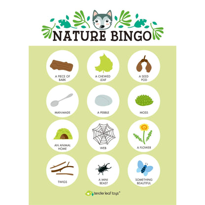Nature Bingo game card with illustrations and text on a green background