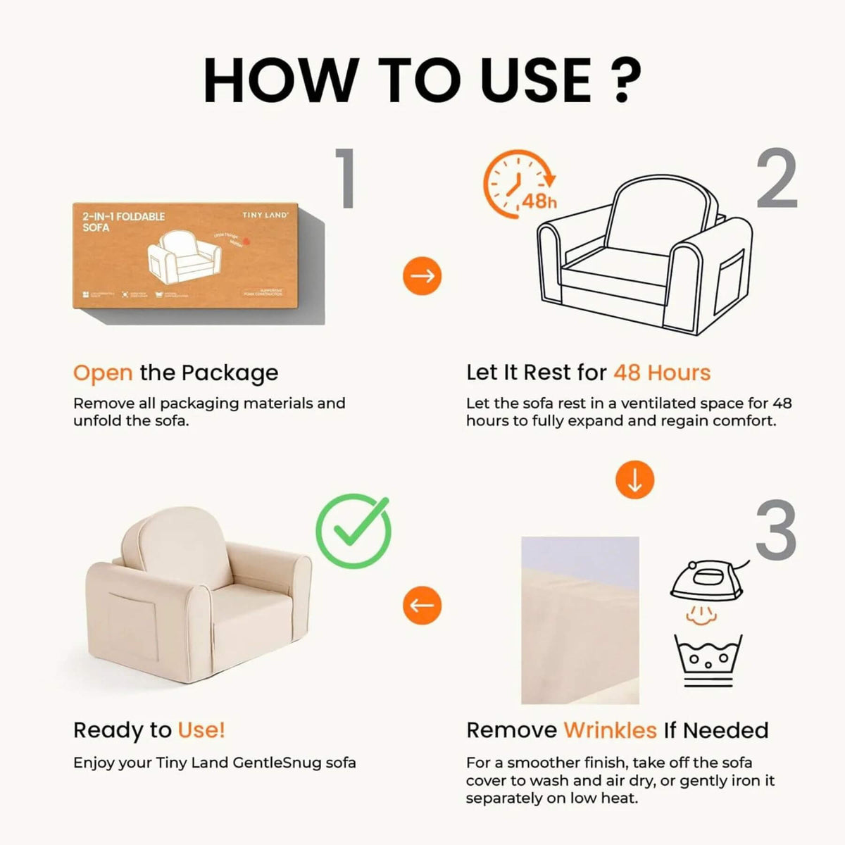 An instructional graphic titled 'HOW TO USE?' showing three numbered steps for using Tiny Land® GentleSnug Corduroy Kid Chair