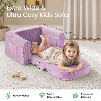 A child lies on Tiny Land® GentleSnug Corduroy Kid Chair - Purple, shown in a living room setting with text overlays indicating dimensions and feature badges at the bottom.