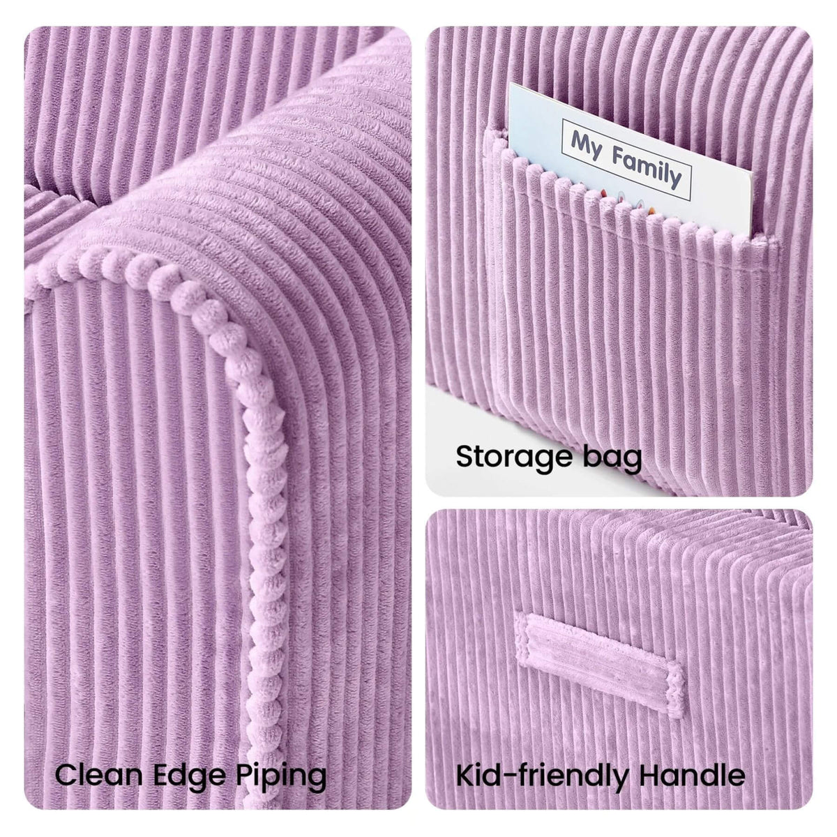 A three-panel product feature collage of Tiny Land® GentleSnug Corduroy Kid Chair - Purple