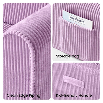 A three-panel product feature collage of Tiny Land® GentleSnug Corduroy Kid Chair - Purple