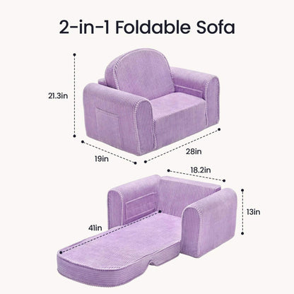 Tiny Land® GentleSnug Corduroy Kid Chair - Purple shown with dimension callouts for both its armchair and chaise lounge configurations on a plain light background.