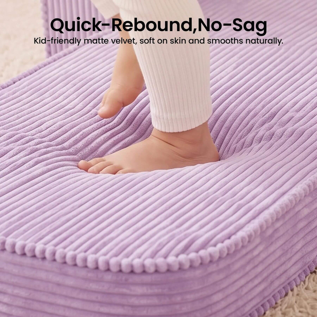 A close-up of a child stepping onto Tiny Land® GentleSnug Corduroy Kid Chair - Purple