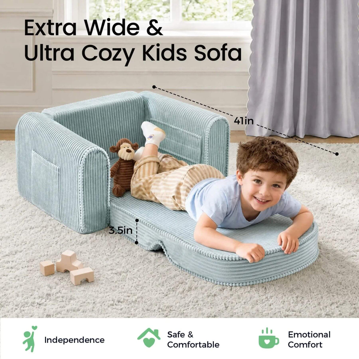 A child lies on Tiny Land® GentleSnug Corduroy Kid Chair - Teal in a bright room.