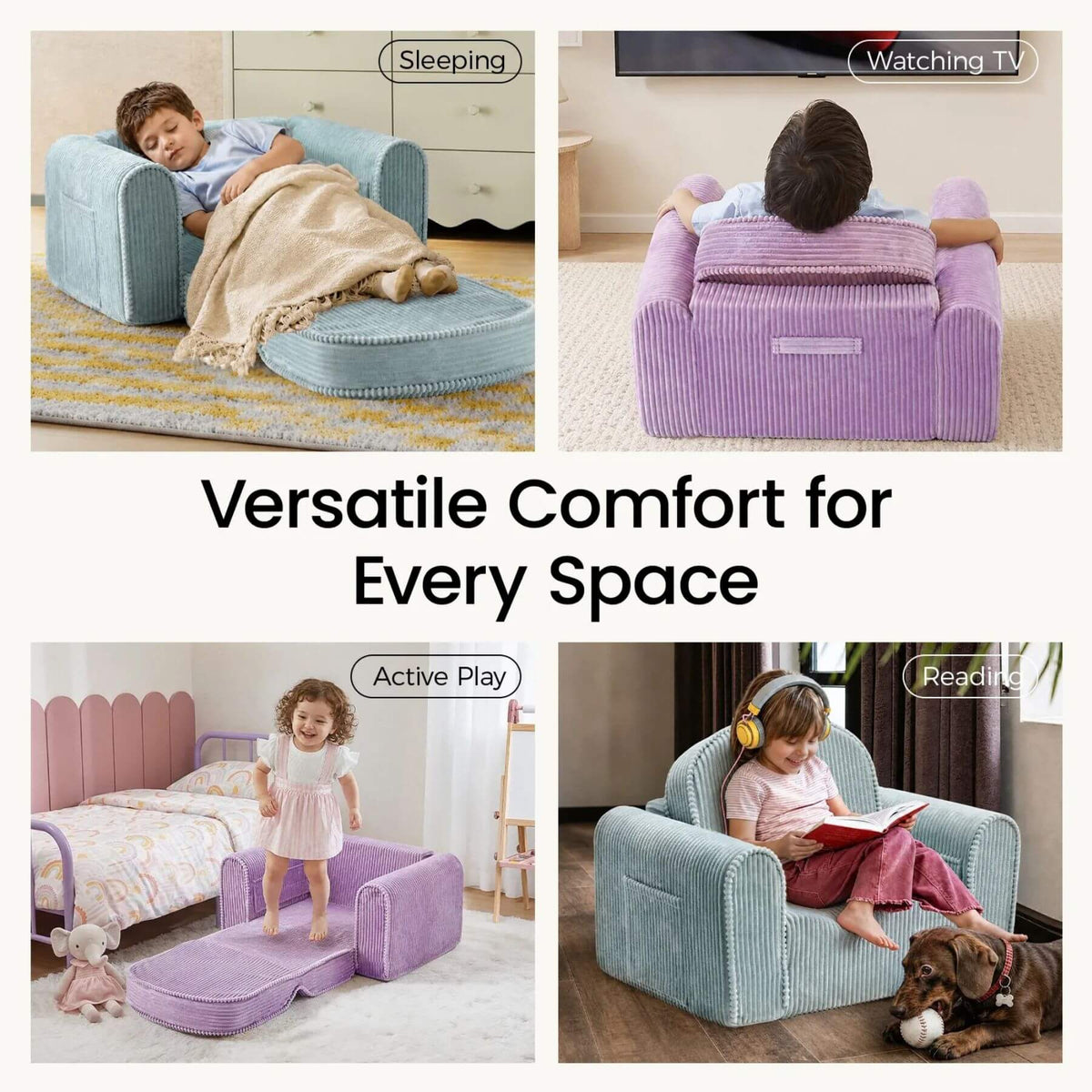 A four-panel collage showing Tiny Land® GentleSnug Corduroy Kid Chair in different use cases: sleeping, watching TV, active play, and reading.