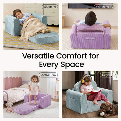 A four-panel collage showing Tiny Land® GentleSnug Corduroy Kid Chair in different use cases: sleeping, watching TV, active play, and reading.