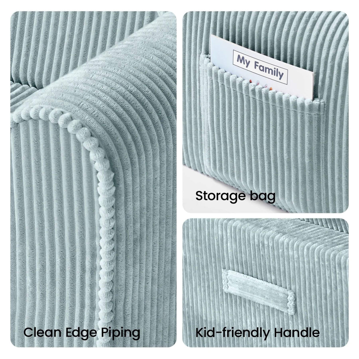 Three-panel close-up collage of Tiny Land® GentleSnug Corduroy Kid Chair - Teal, showing the arm corner with clean edge piping, a side pocket holding a storage bag, and a fabric handle.