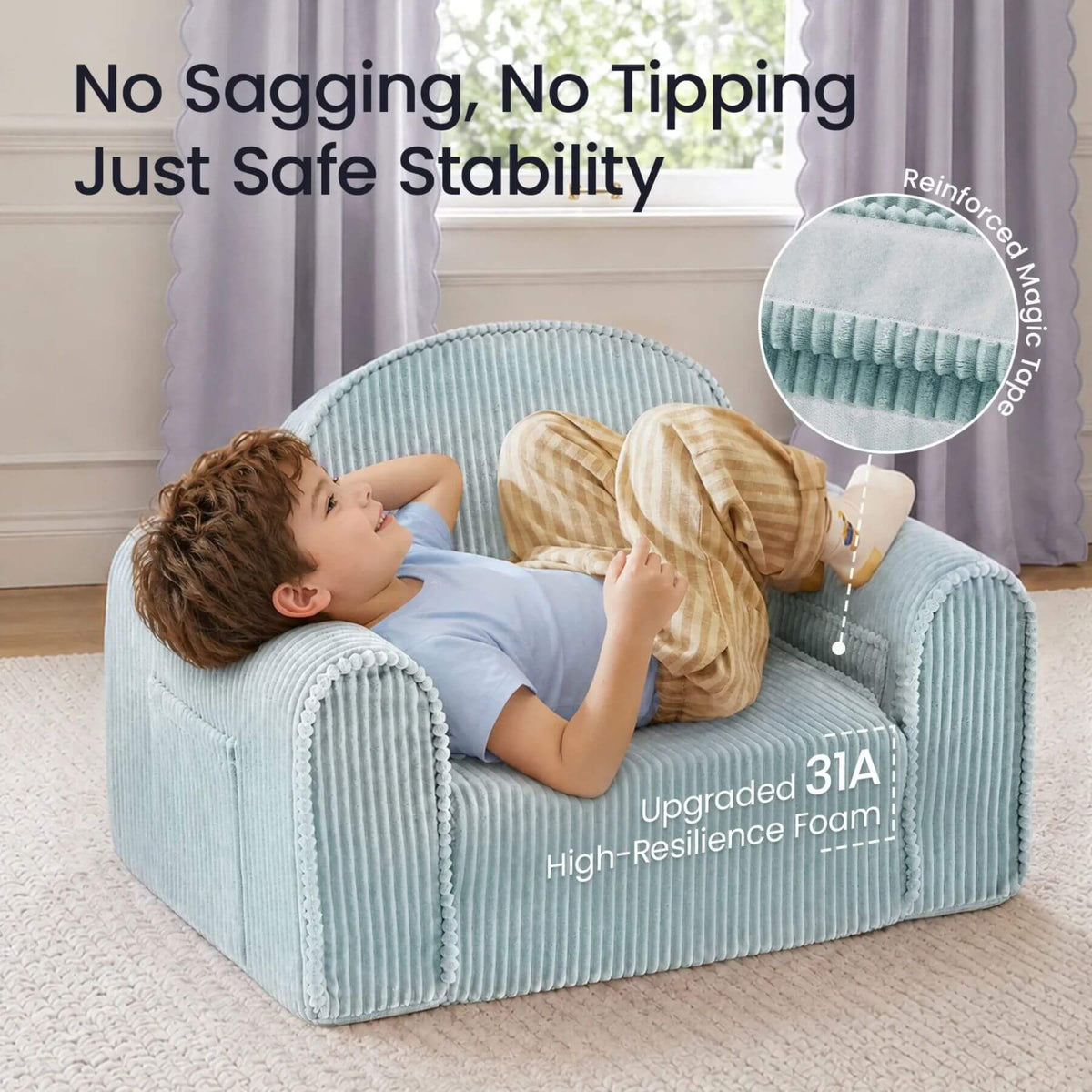 A child reclining on Tiny Land® GentleSnug Corduroy Kid Chair - Teal in a living room setting, with promotional text highlighting safety features and a circular inset showing the ribbed fabric detail.