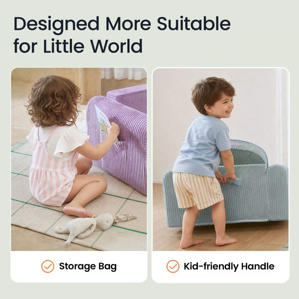 Promotional graphic for Tiny Land® GentleSnug Corduroy Kid Chair, showing two children interacting with the product in an indoor setting.