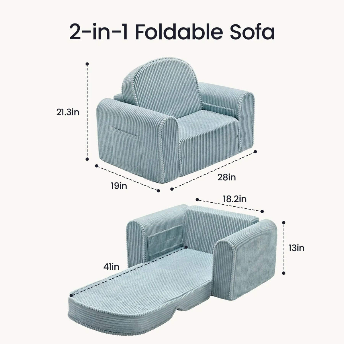 Tiny Land® GentleSnug Corduroy Kid Chair - Teal shown in two configurations on a plain light background, with dimension labels indicating height, width, and depth for both the armchair and chaise version.