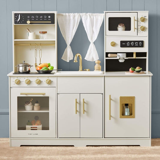 Tiny Land® Play Kitchen with Running Water - Iconic Aqua Kitchen in Cream on a wooden floor.