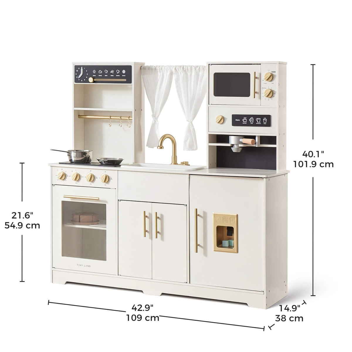 Tiny Land® Play Kitchen with Running Water - Iconic Aqua Kitchen in Cream, shown with dimension lines indicating its measurements: 42.9 inches wide by 40.