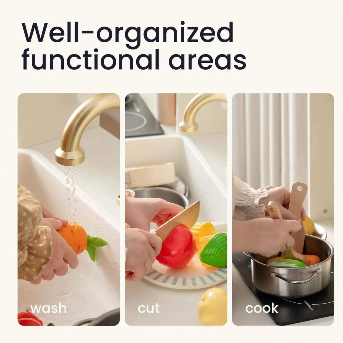 Three-panel demonstration graphic showing a children's toy kitchen scene with labeled areas: wash, cut, and cook. Large text at the top reads 'Well-organized functional areas.