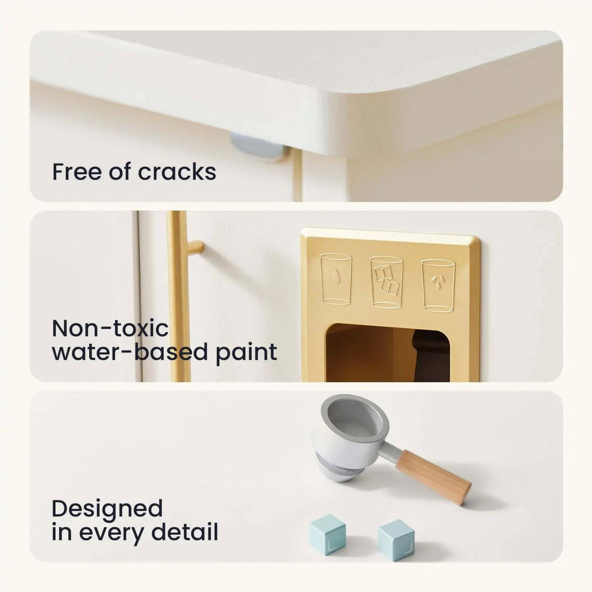 Three-panel marketing graphic showing a toy-like kitchen or play kitchen detail: a white tabletop with a gold handle, a gold wall-mounted storage unit, and a small gray-and-wood scoop with two light blue blocks.