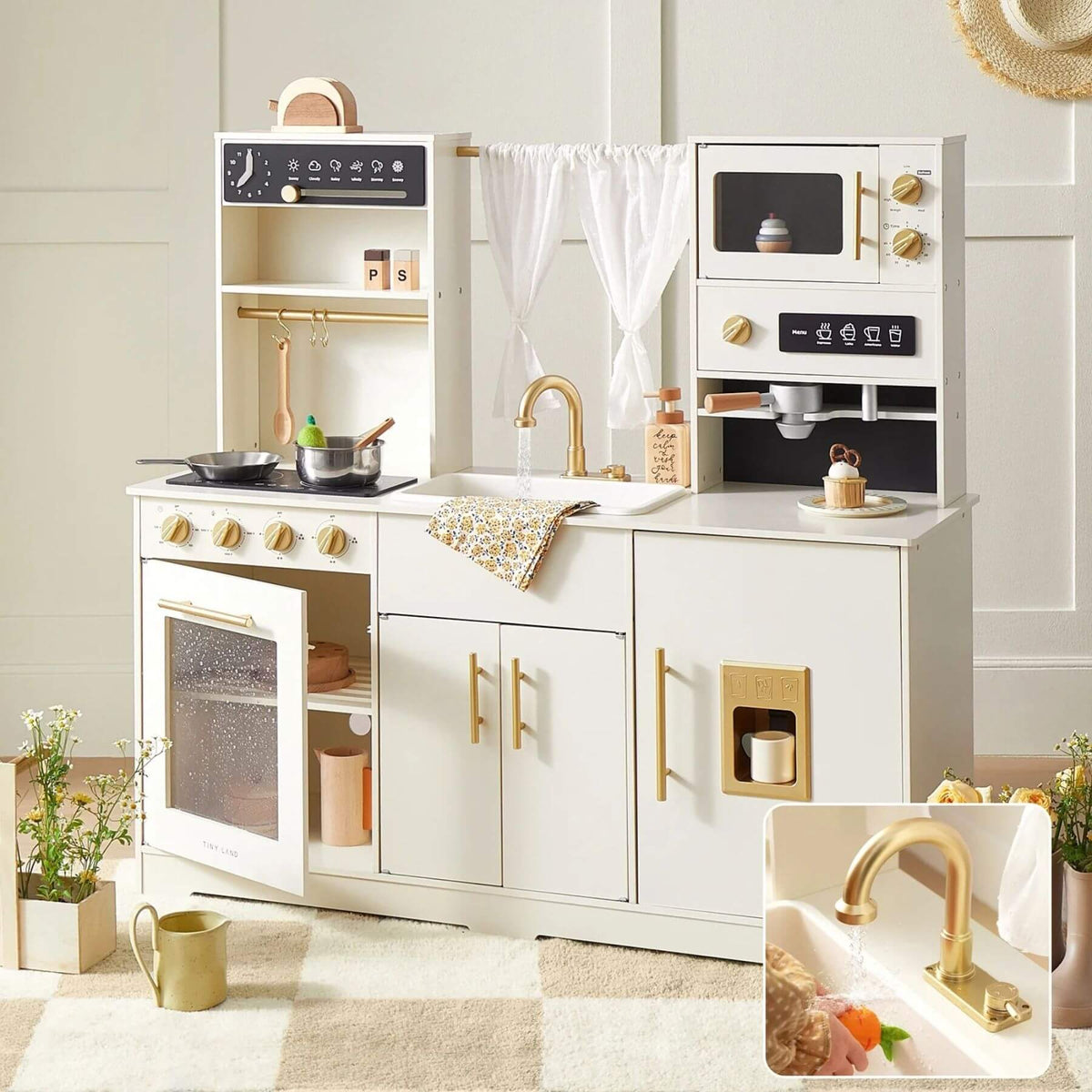 Tiny Land® Play Kitchen with Running Water - Iconic Aqua Kitchen in Cream on a light-colored floor.