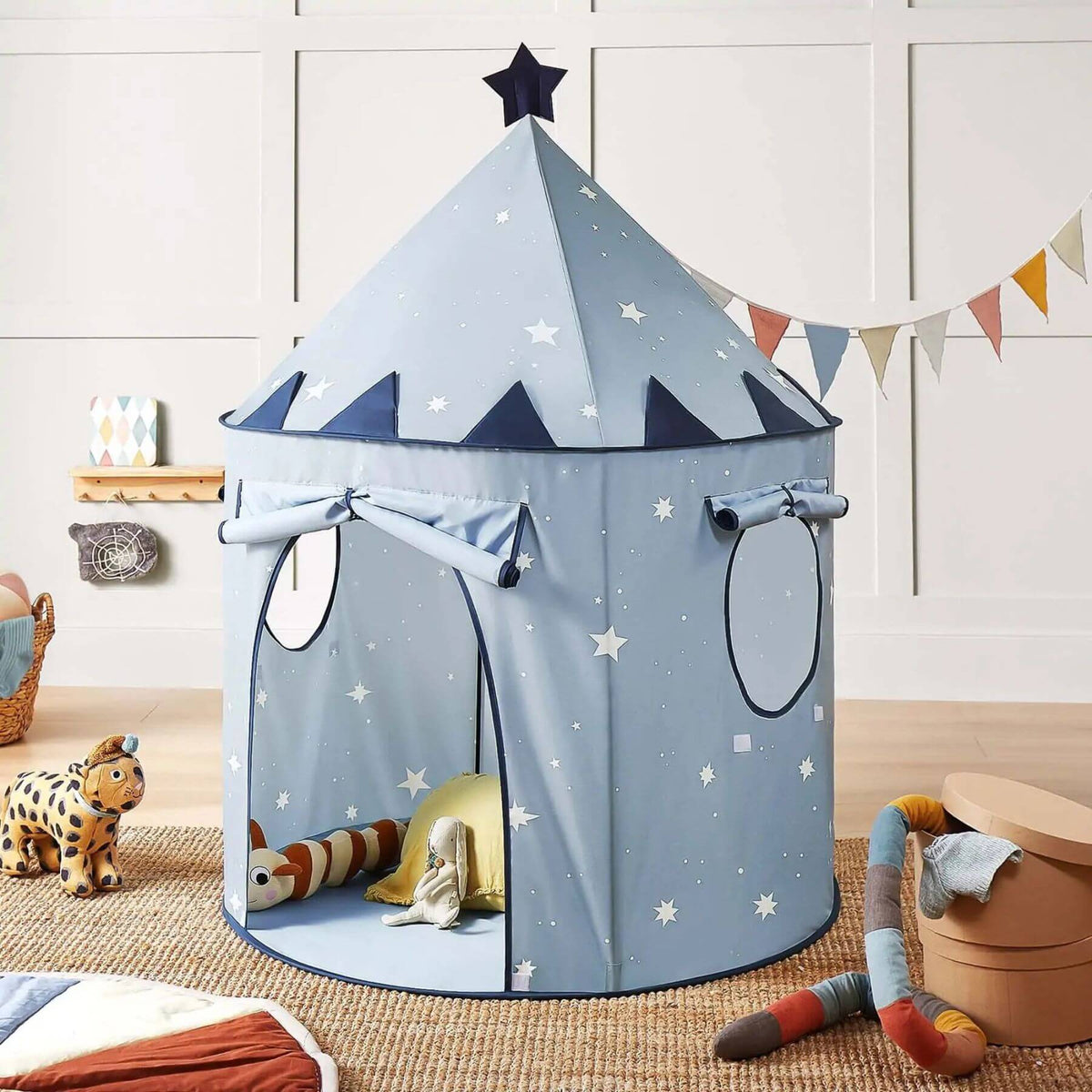 Tiny Land® Kids Tent - Blue on a wooden floor.