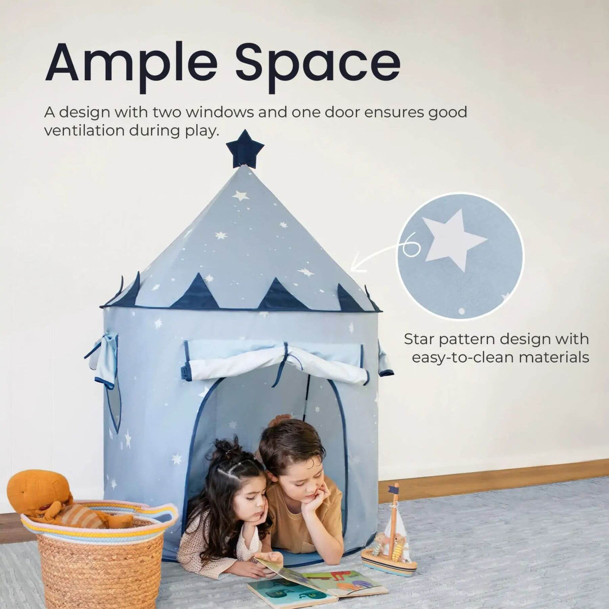 Tiny Land® Kids Tent - Blue, shown with two children inside in a room. The image includes marketing text highlighting ventilation and star-pattern materials, along with a basket and a small toy boat.