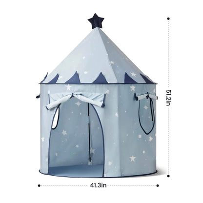 Tiny Land® Kids Tent - Blue and measurements on a white background