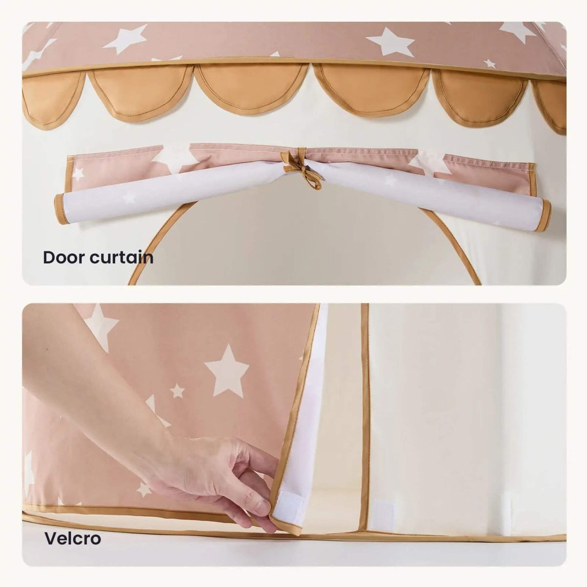 A two-panel product demonstration of a children's play tent. The top panel shows a pink and beige play tent with white stars and a matching door curtain tied back.