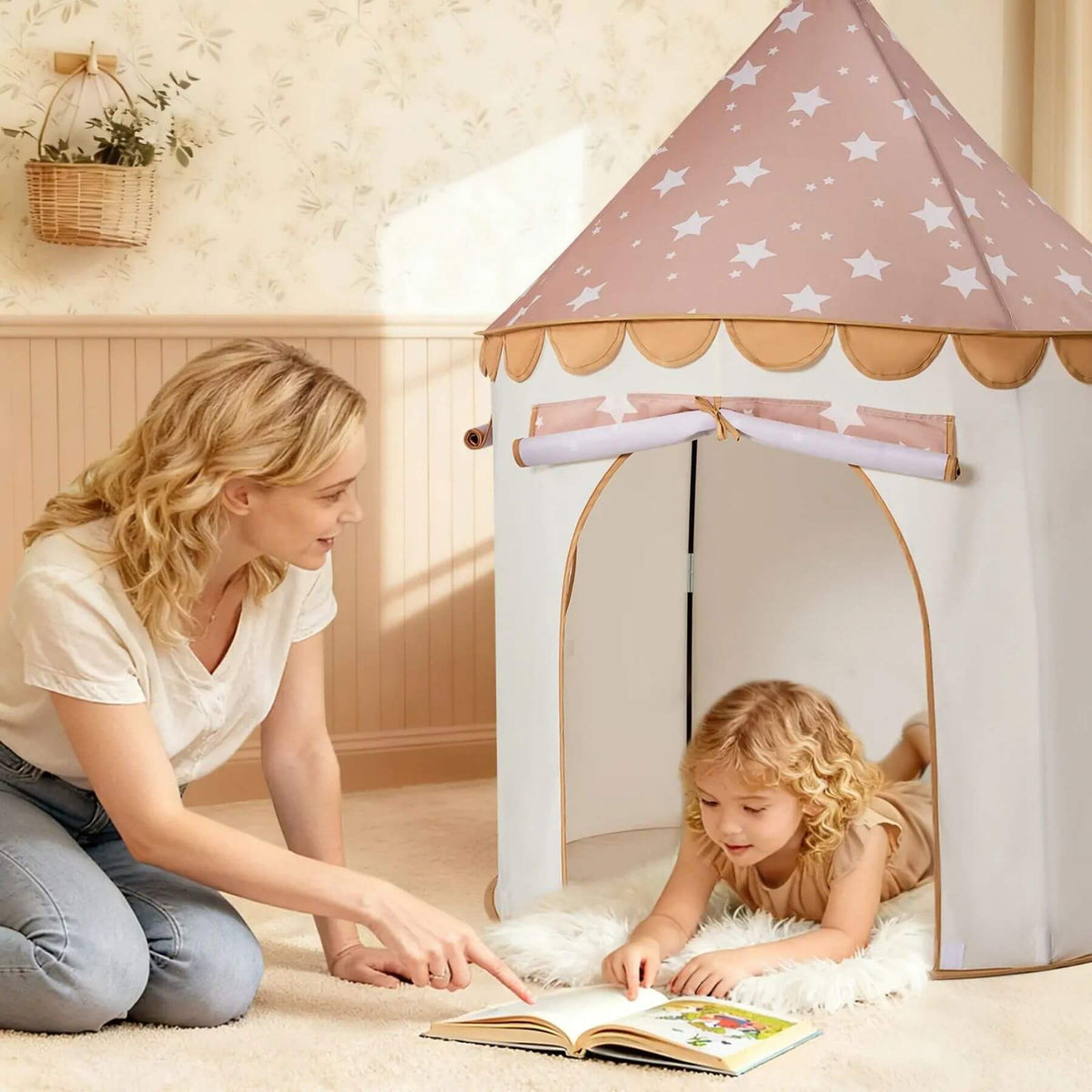 Woman and child playing inside Tiny Land® Kids Tent - Brown in a home setting.