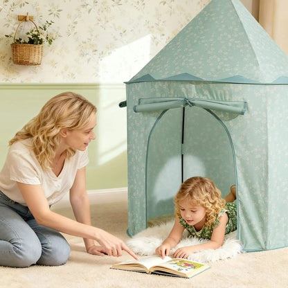 A woman and a young girl are reading a book on a carpeted floor next to Tiny Land® Kids Tent - Green