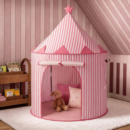 Tiny Land® Kids Tent - Pink, styled in a children's room with striped walls, a stuffed bunny, and pillows.