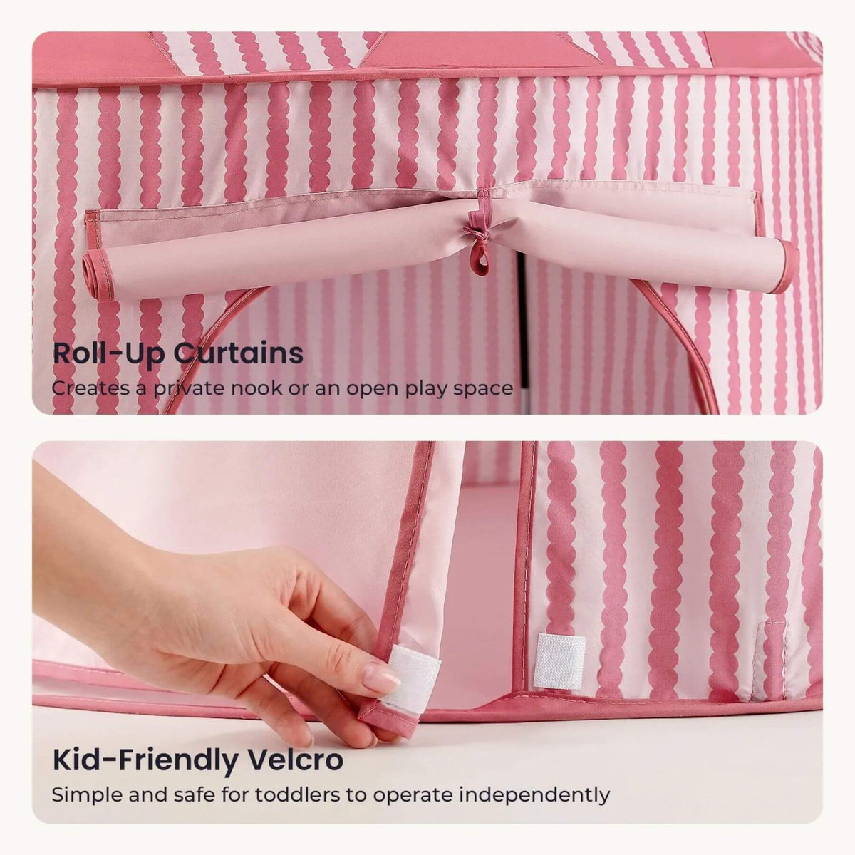 Pink and white striped fabric play tent with a bow detail and Velcro closure, shown in a two-panel feature graphic with text highlighting roll-up curtains and kid-friendly velcro.
